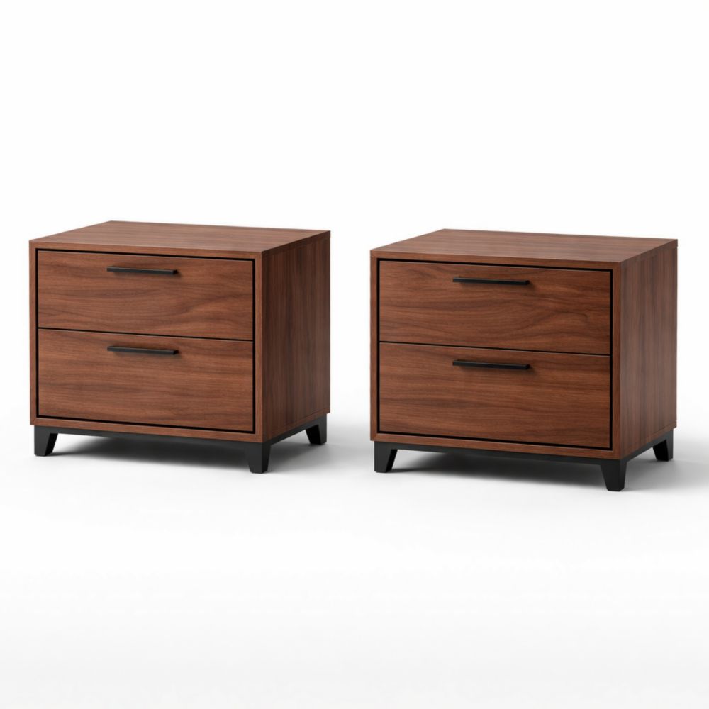 Coppia di Comodini in Legno Impiallacciato Noce con 2 Cassetti