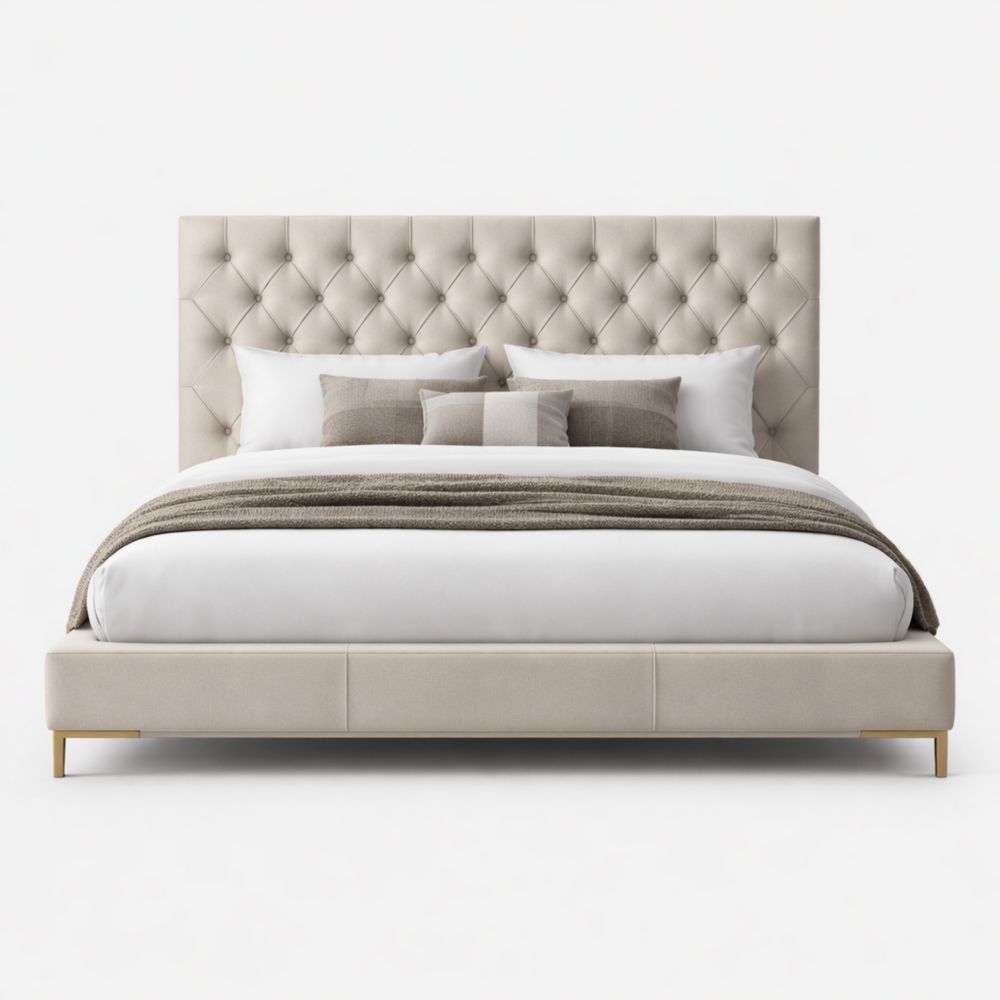 Letto Matrimoniale in Tessuto con Testiera Trapuntata Beige 200x160 cm