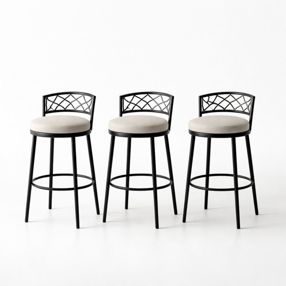 Set di 3 sgabelli da bar in metallo con seduta beige e schienale nero