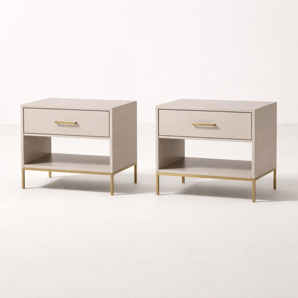 Set di 2 comodini in MDF e metallo con cassetto singolo, Beige e Oro, 50x40x55 cm
