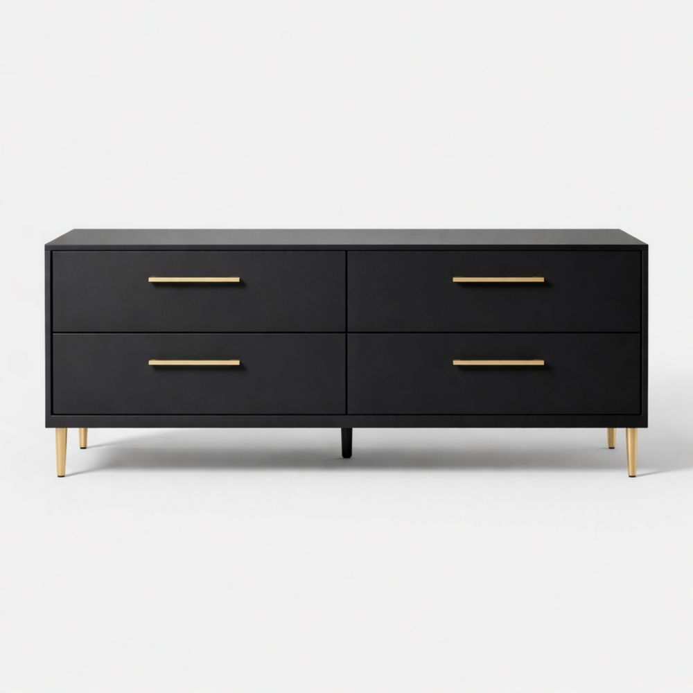 Cassettiera in Legno MDF con Gambe in Metallo Nero e Oro