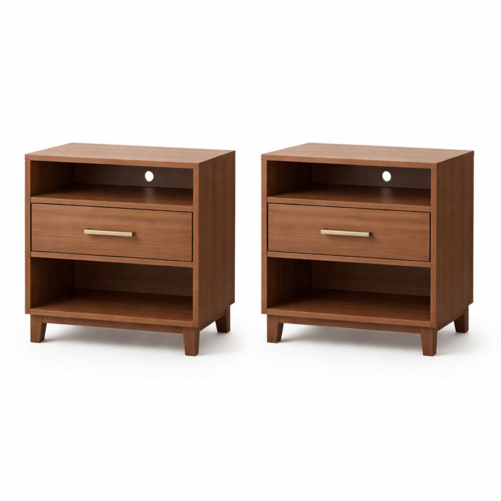 Set di due comodini in legno con cassetto e ripiano