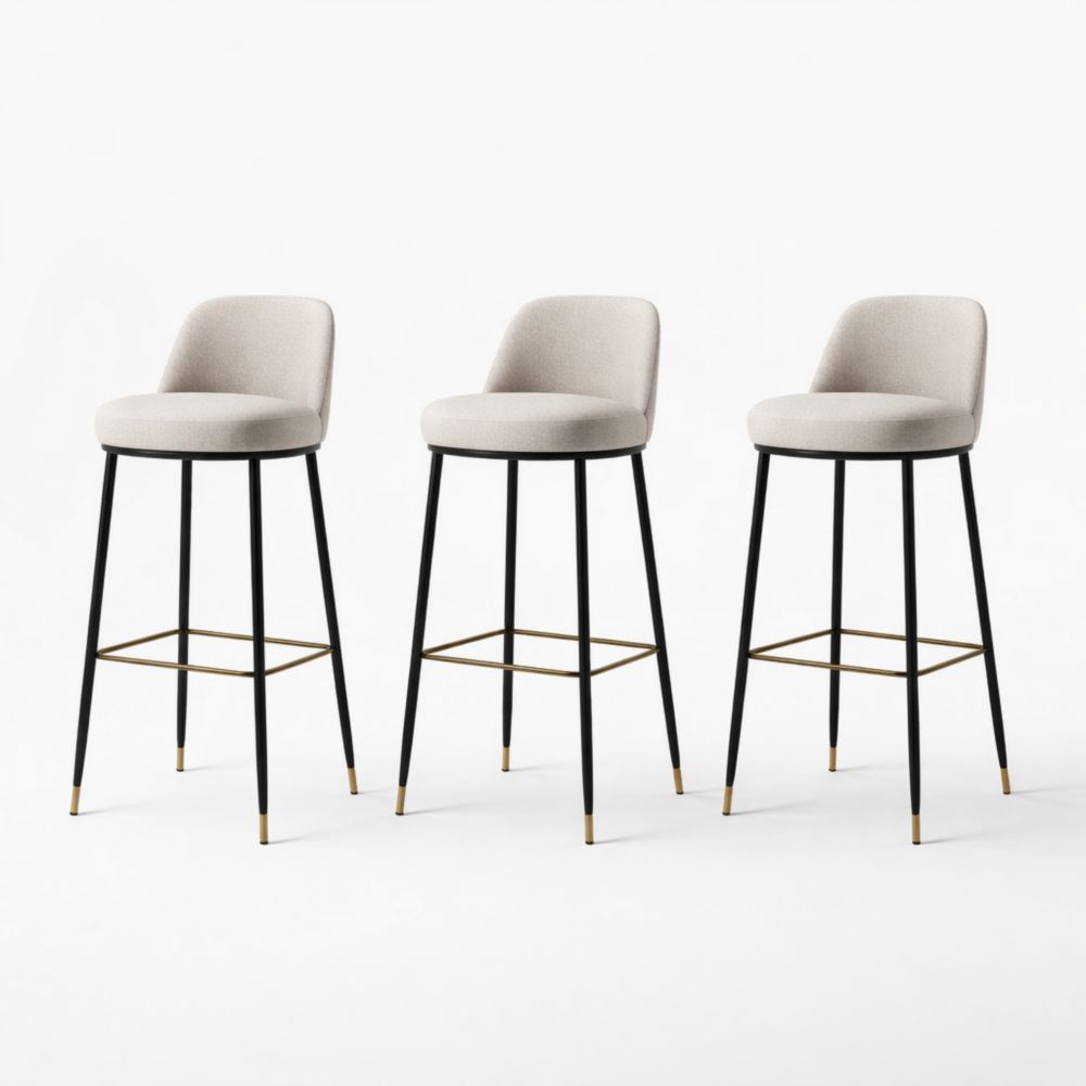 Set di 3 sgabelli da bar in tessuto beige con gambe in metallo nero