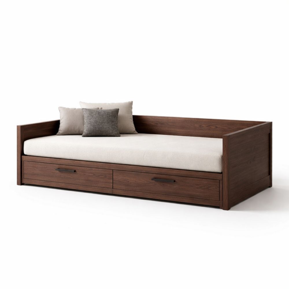 Divano Letto in Legno MDF Marrone con Cassetti e Materasso Beige