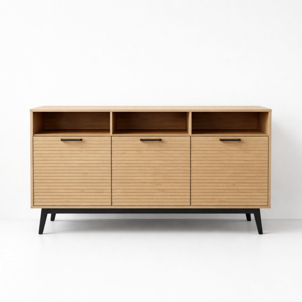 Credenza in Legno di Quercia e Metallo Nero 3 Ante 3 Scomparti 150x45x80 cm