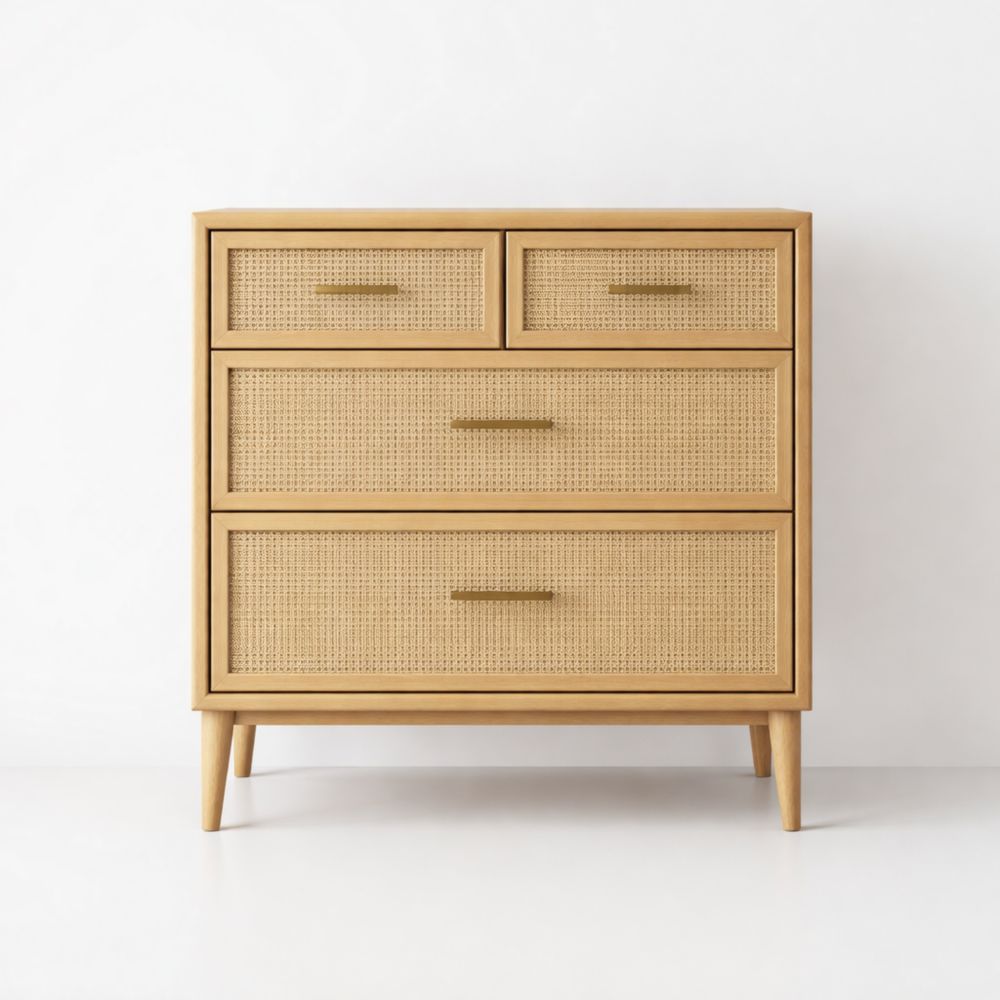 Cassettiera in Legno Massello e Rattan Naturale 4 Cassetti