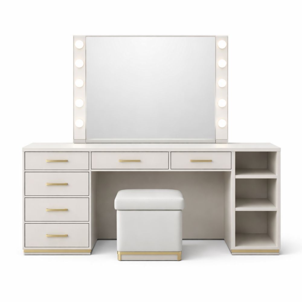 Tavolo da Toletta in Legno MDF Bianco con Specchio Illuminato e Sgabello