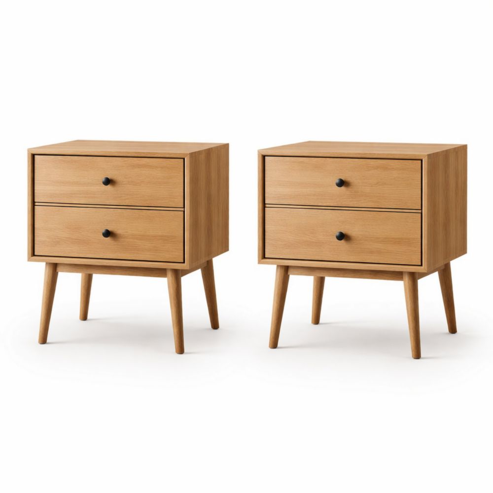 Set di Comodini in Quercia con 2 Cassetti Naturale