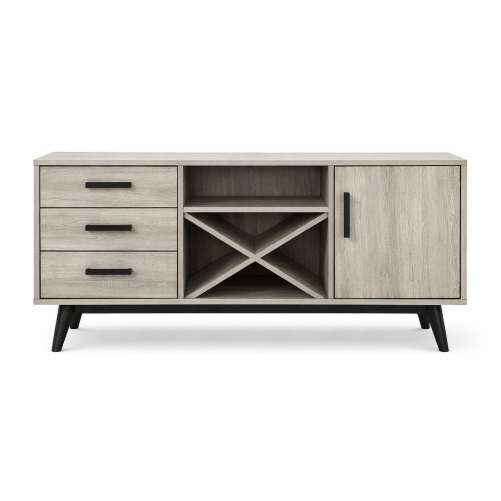 Vetrina in legno con cassetti e ante, 140x45x75 cm, colore grigio