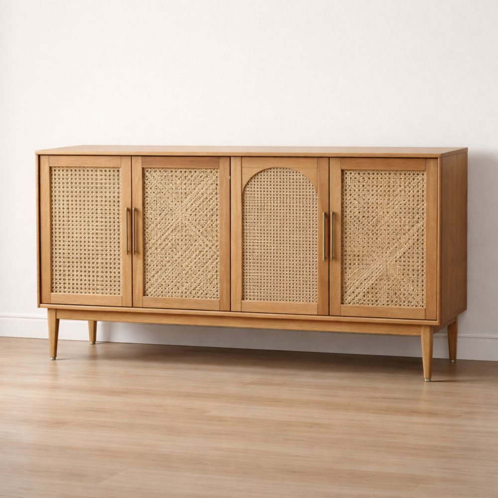 Credenza in Legno e Rattan Intrecciato 200cm x 45cm x 90cm