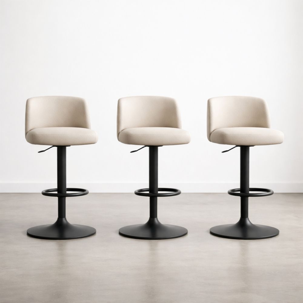 Set di 3 sgabelli in tessuto crema con base in metallo, altezza regolabile