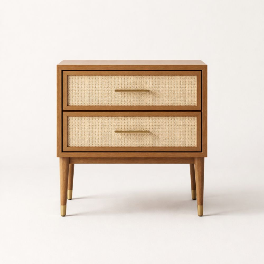 Comodino in Legno con Rattan a Due Cassetti