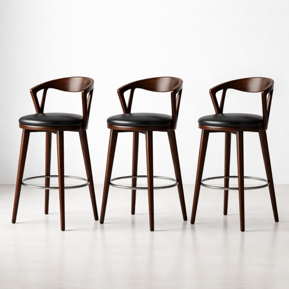 Set di 3 sgabelli da bar in legno e similpelle con schienale curvo Nero
