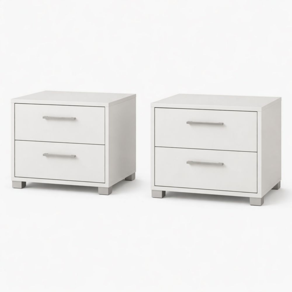 Set di Comodini Bianchi in MDF con 2 Cassetti e Maniglie in Acciaio 60x40x45 cm