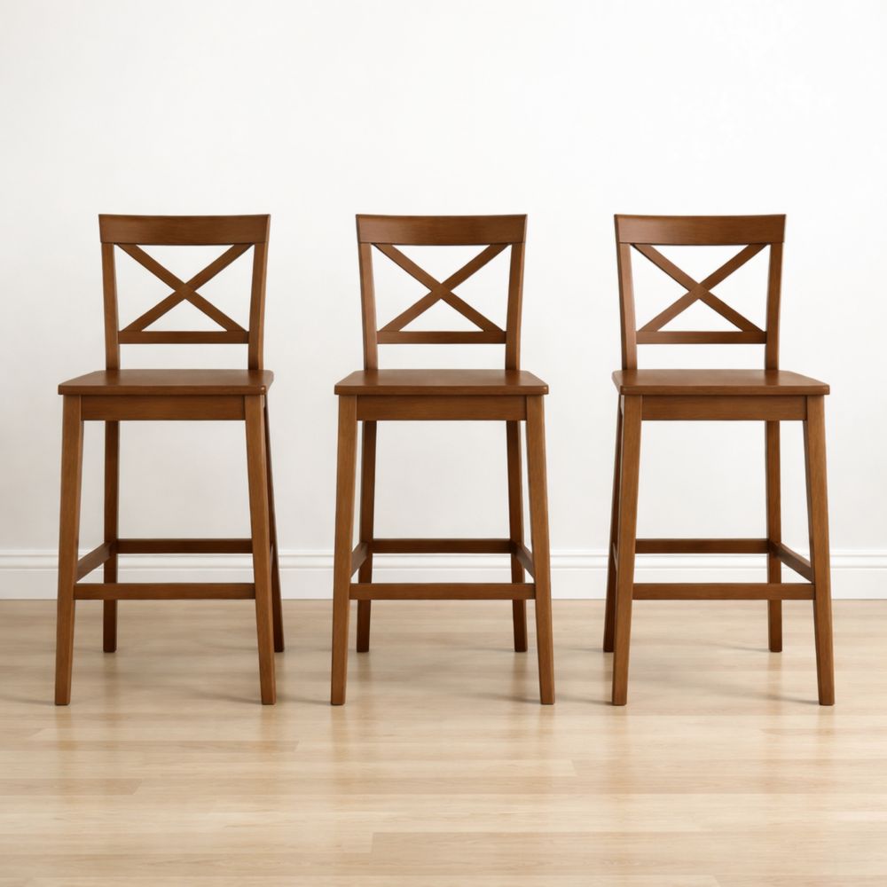 Set di 3 sgabelli in legno con schienale incrociato marrone altezza 71cm