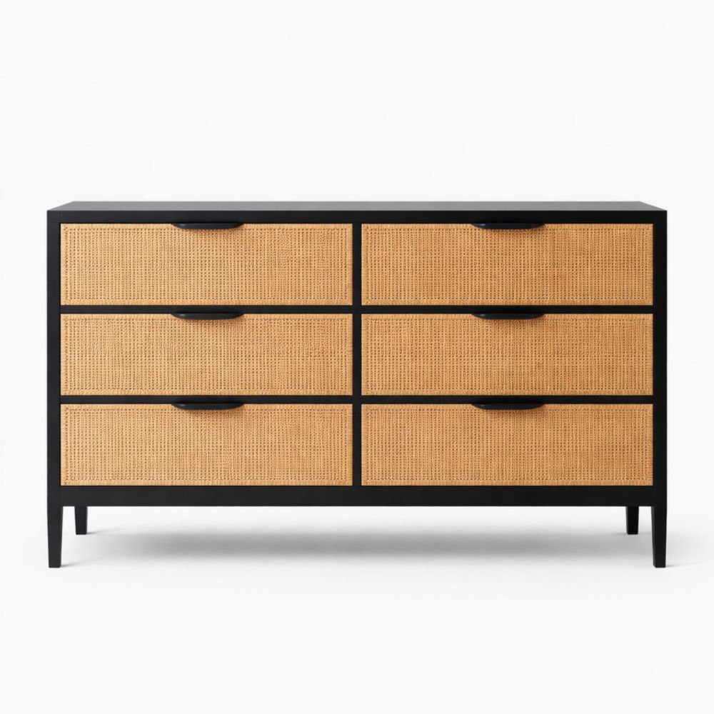 Cassettiera in Legno e Rattan con 6 Cassetti Nero e Naturale 120x80x40 cm