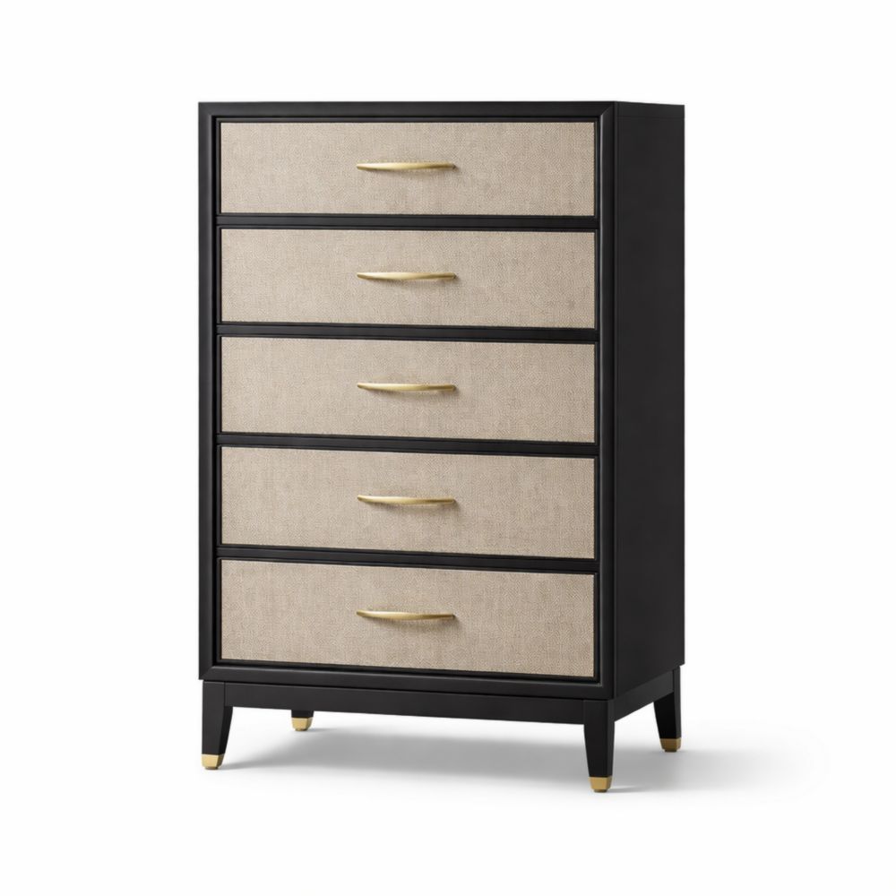 Cassettiera in Legno e Tessuto con 5 Cassetti Nero e Beige
