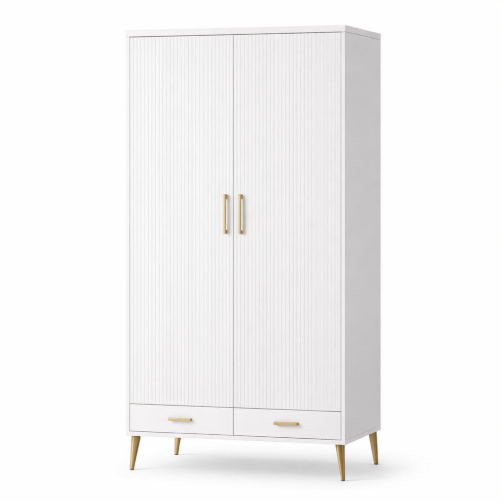 Armadio a Due Ante con Cassetti in MDF Bianco e Gambe in Metallo