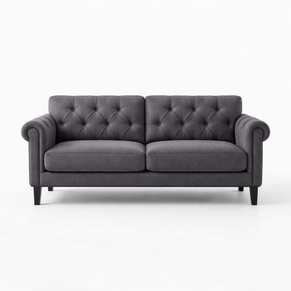 Divano in Tessuto Grigio Scuro con Bottoni