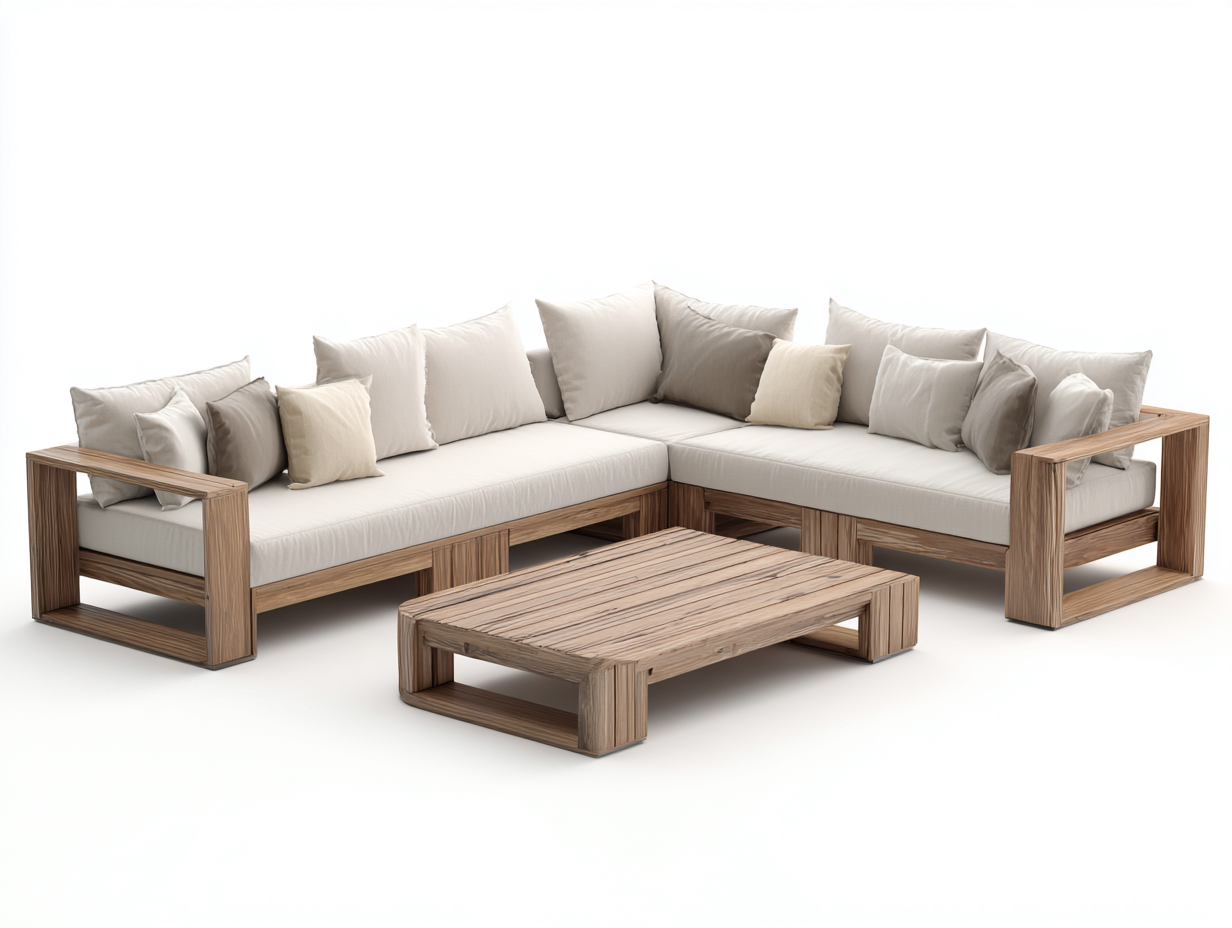 Salon de jardin d’angle 270x205x85 cm Beige avec table basse en bois