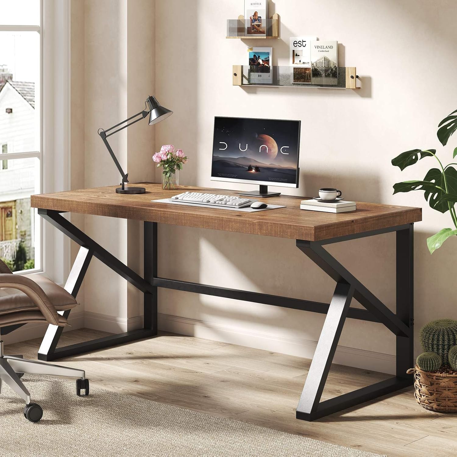 Bureau d'ordinateur rectangulaire 152x60x77 cm bois véritable de sapin et métal marron rustique style moderne minimaliste-Bamboogohaus