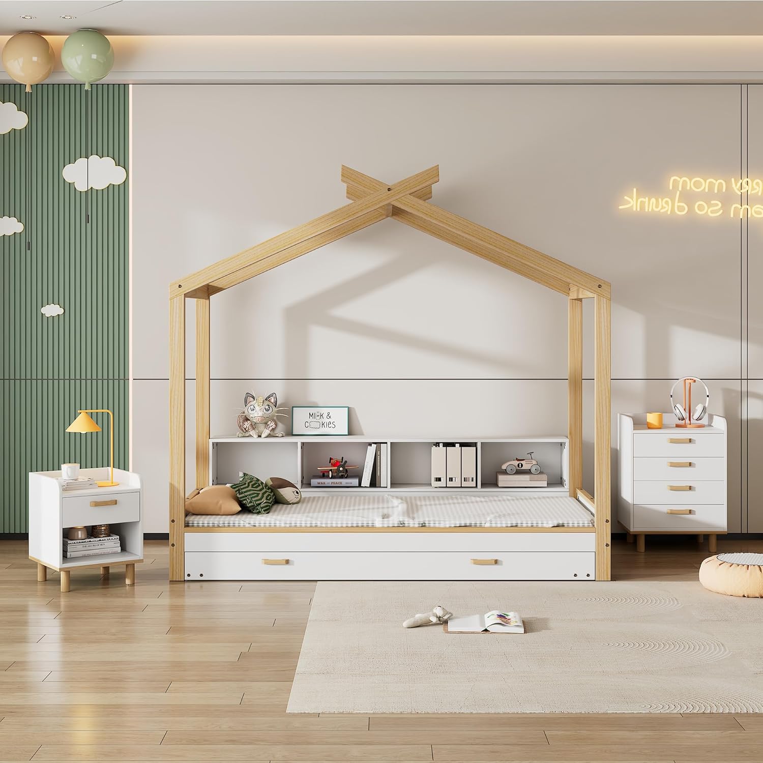 Ensemble chambre enfant 205x202x187.5 cm blanc naturel lit maison table de chevet commode MDF pin design moderne-Bamboogohaus