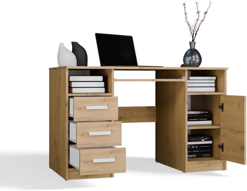 Bureau rectangulaire 120x60x75 cm avec 3 tiroirs 1 armoire et plateau clavier chêne artisanal style moderne-Bamboogohaus