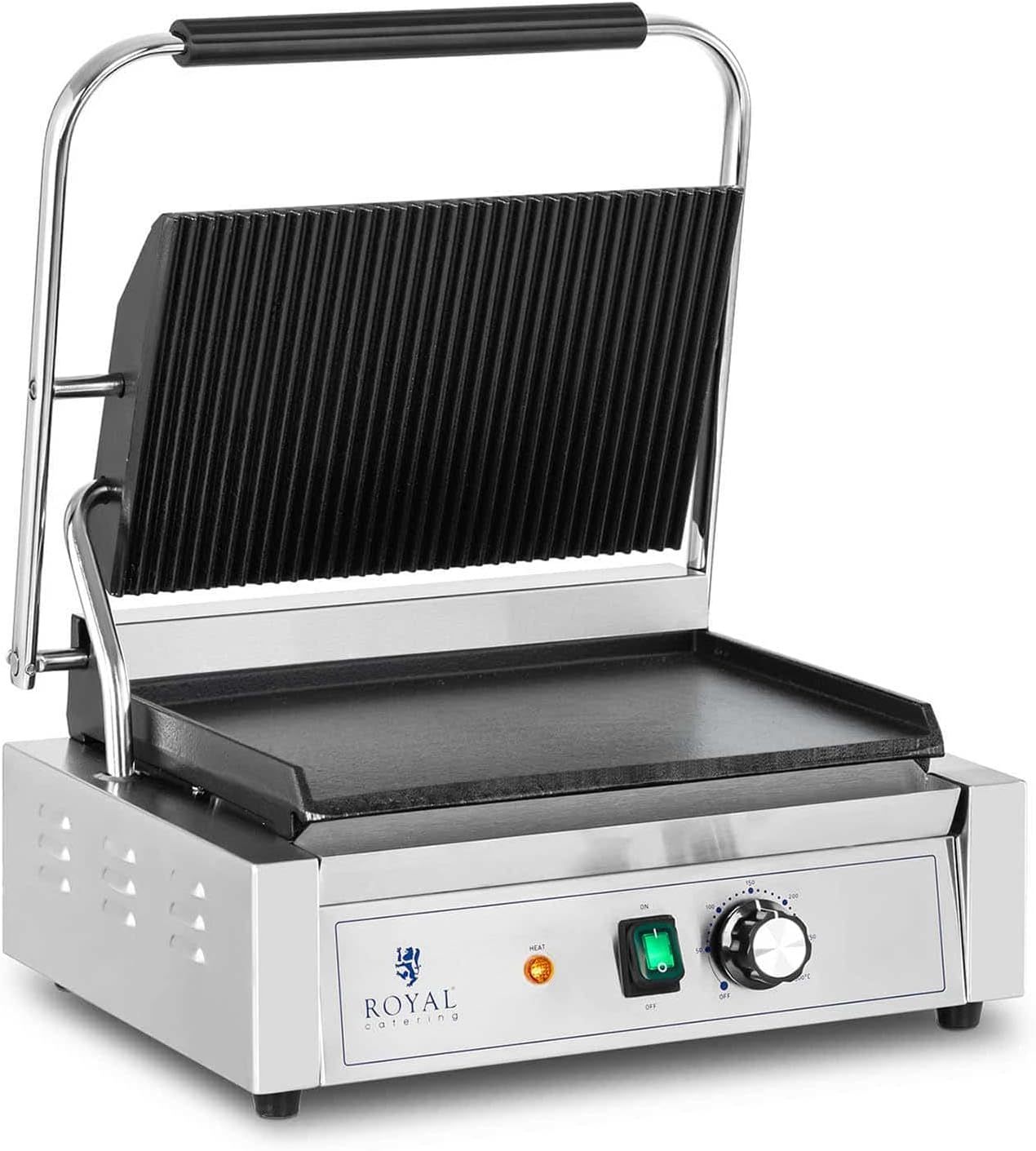Royal Catering RCPKG-2200-M Machine à Panini Toaster Électrique 230V 2200W, Plancha Professionnelle Rainurée et Lisse en Acier Inoxydable avec Bac Récupérateur-Bamboogohaus