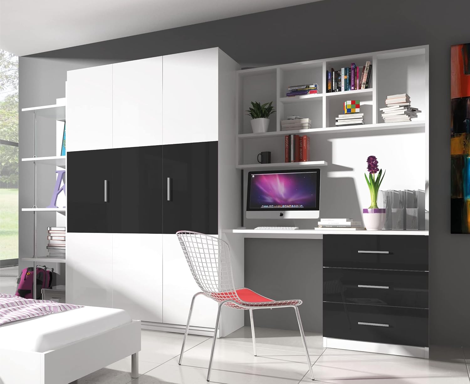 Ensemble de meubles chambre moderne noir avec penderie bureau bibliothèque étagère design fonctionnel-Bamboogohaus