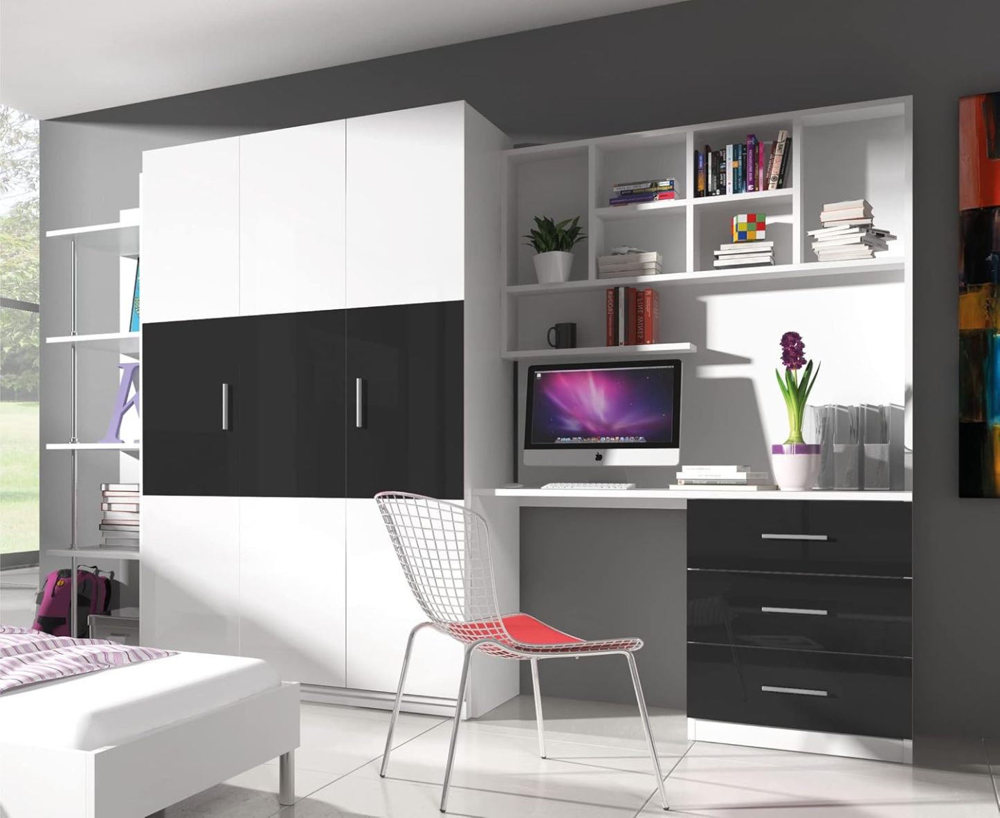 Ensemble de meubles chambre moderne noir avec penderie bureau bibliothèque étagère design fonctionnel-Bamboogohaus