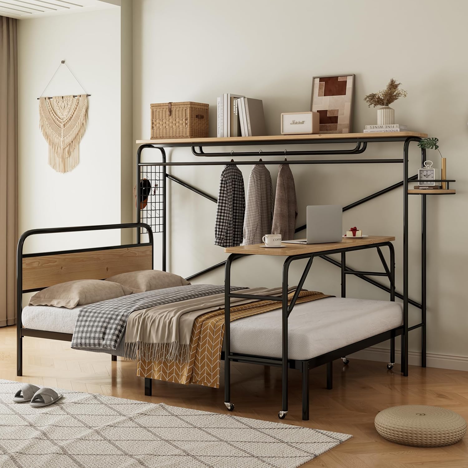 Ensemble chambre 3 en 1 lit métal 140x200 avec bureau à roulettes et porte manteau noir décor bois style industriel moderne-Bamboogohaus