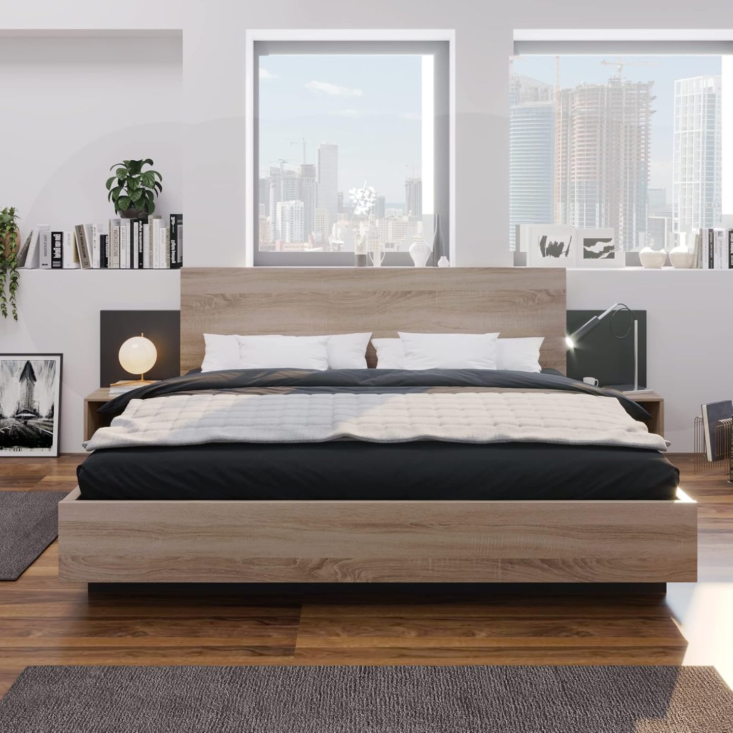 Lit double 160x200 cm avec sommier espace de rangement tête de lit en bois et 2 tables de nuit couleur gris dimensions 206x235x77 cm-Bamboogohaus