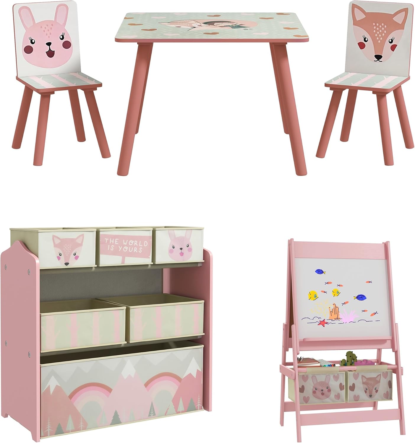 AIYAPLAY Table et 2 Chaises Enfants Rose 63 x 30 x 66 cm avec Tableau Chevalet Double-Face et 6 Boîtes de Rangement Motif Animaux-Bamboogohaus
