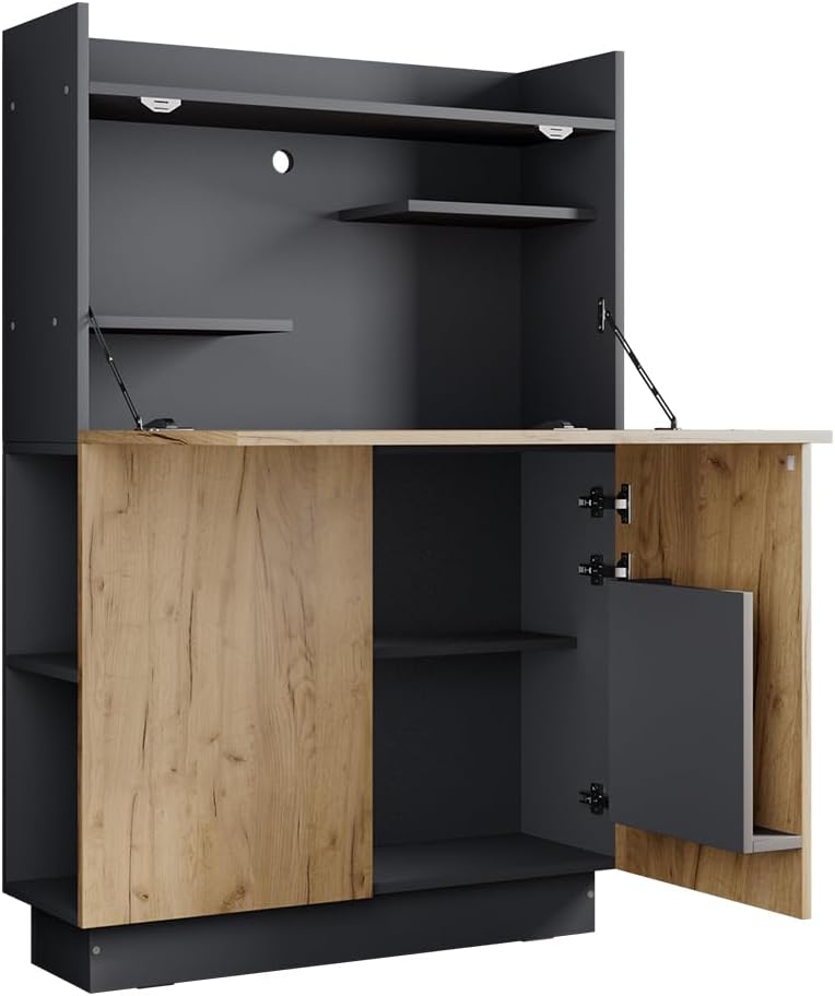 Secrétaire bureau rectangulaire 85x28,6x128,5 cm avec rangement panneau de particules mélaminé anthracite et chêne doré style moderne-Bamboogohaus