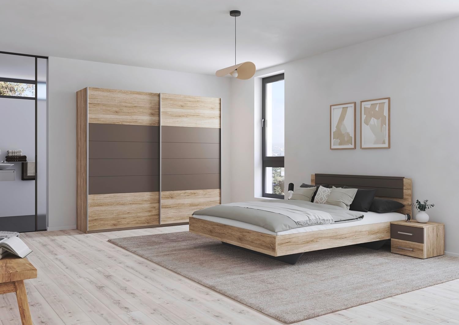 Ensemble chambre avec lit futon armoire portes coulissantes et 2 tables de nuit couleur chêne clair et gris dimensions 206x491x210 cm-Bamboogohaus