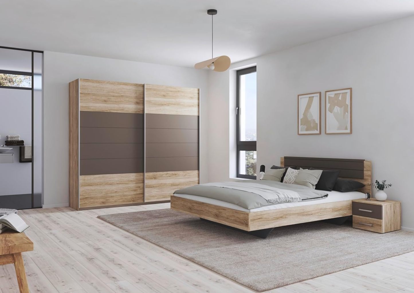 Ensemble chambre avec lit futon armoire portes coulissantes et 2 tables de nuit couleur chêne clair et gris dimensions 206x491x210 cm-Bamboogohaus