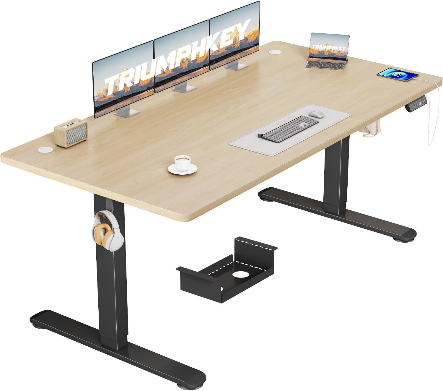 Bureau Électrique 160 x 80 x 116 cm Beige Noir Bois Hauteur Réglable avec Prise USB et 3 Mémoires Style Moderne-Bamboogohaus