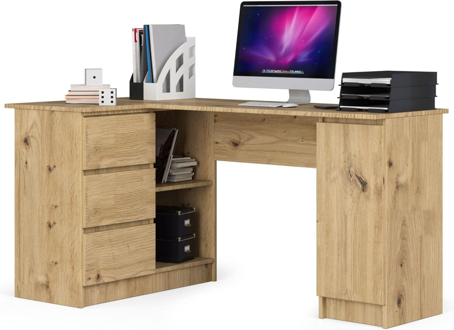 Bureau d'angle en forme de L 155x85x77 cm avec 3 tiroirs 2 étagères et 1 porte bois chêne artisanal style traditionnel-Bamboogohaus