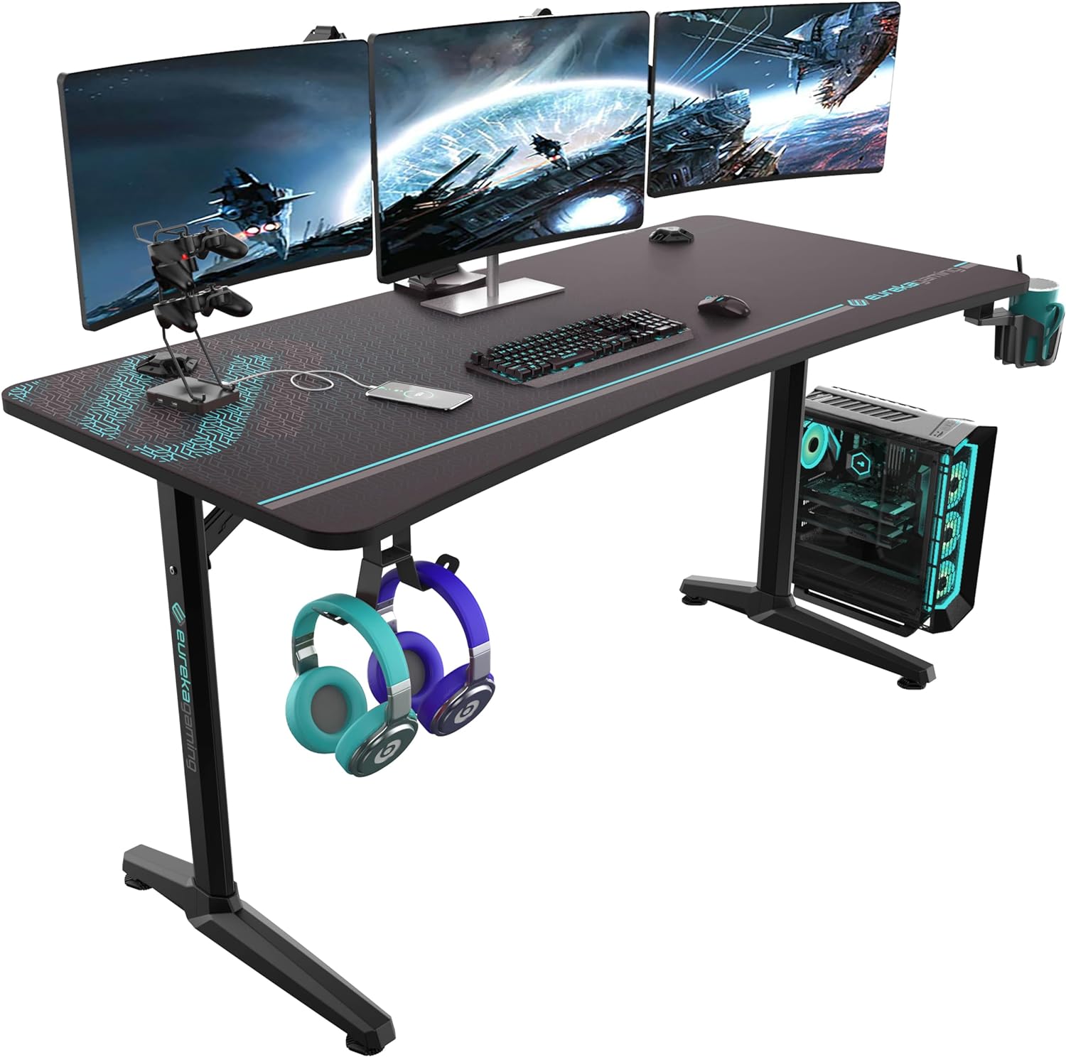 Bureau gaming 152x70x76,8 cm Bureau informatique avec tapis de souris Noir Bois d'ingénierie et acier allié-Bamboogohaus