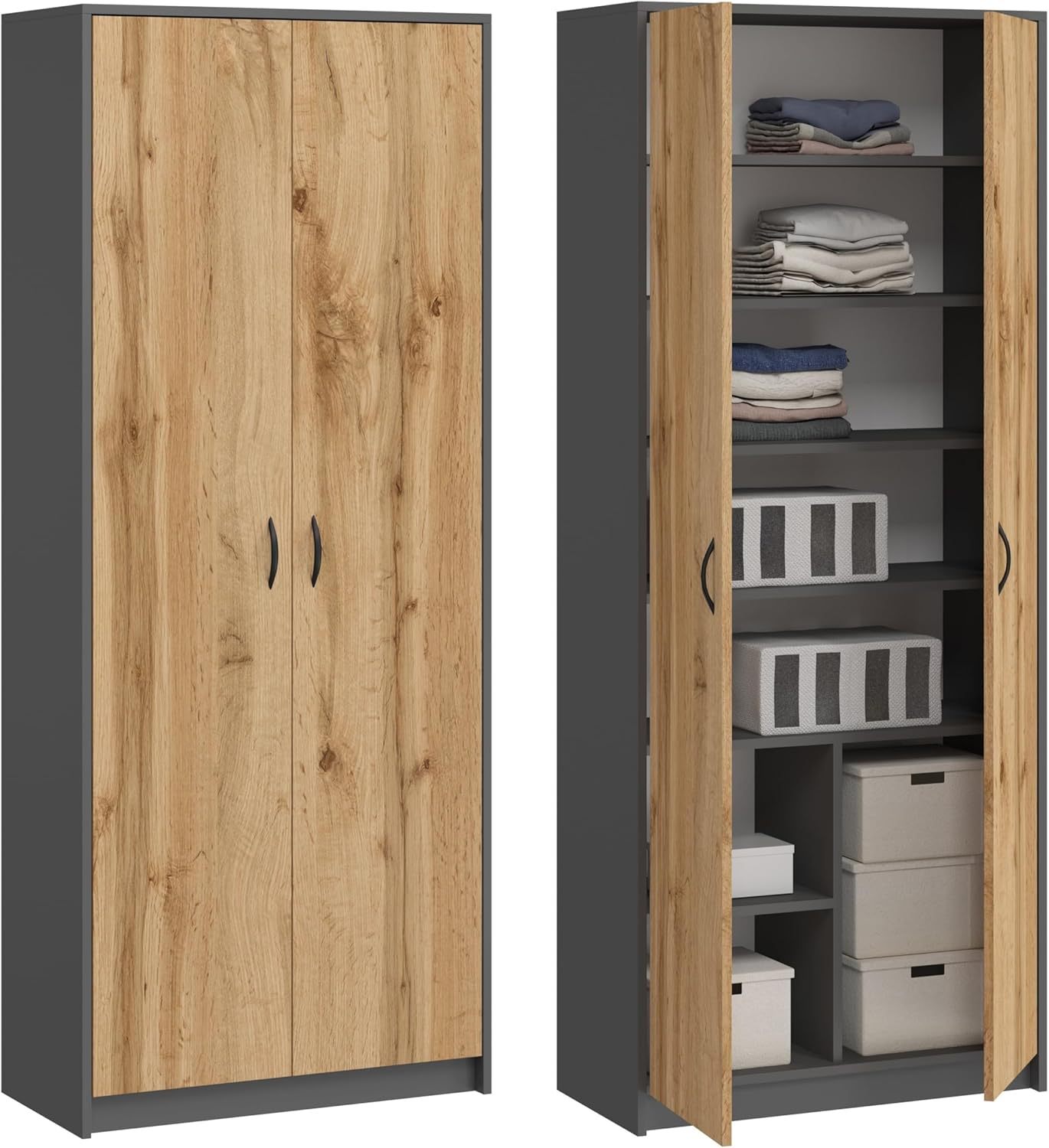 Armoire multi-usages 2 portes 180x74x35 cm avec 8 compartiments bois graphite et chêne Wotan style contemporain-Bamboogohaus