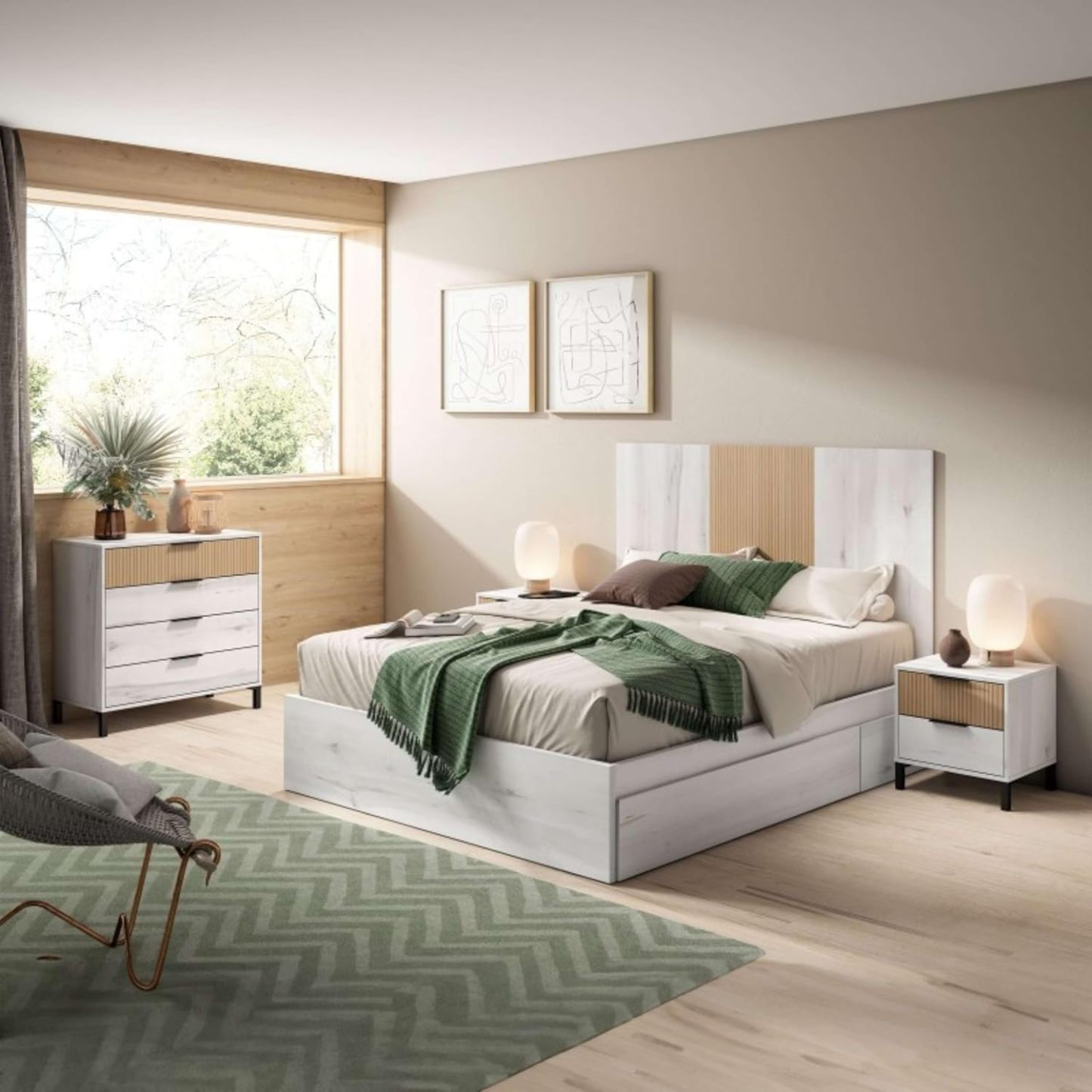 Ensemble meubles chambre double moderne blanc et chêne rayé design élégant rangement pratique-Bamboogohaus