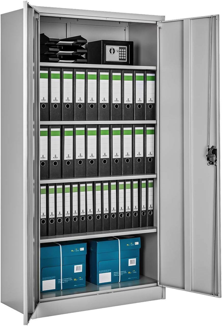 Armoire de bureau métallique 90x180x40 cm avec serrure 2 portes et 4 étagères réglables Gris Acier allié-Bamboogohaus