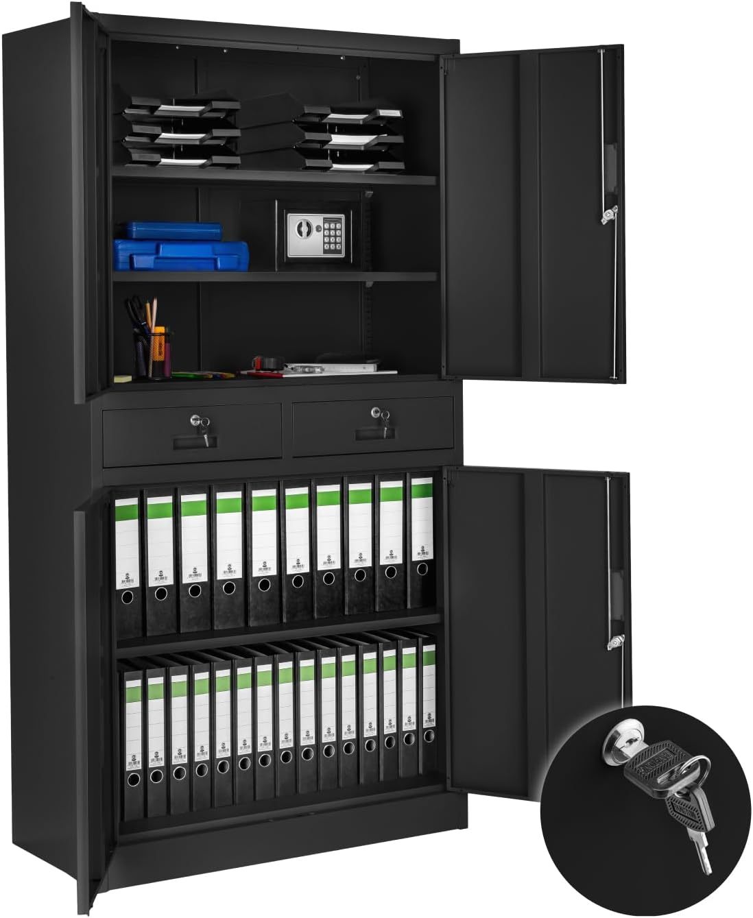 Armoire de bureau métallique 80x180x40 cm avec serrure 4 portes et 2 tiroirs Noir Acier allié-Bamboogohaus