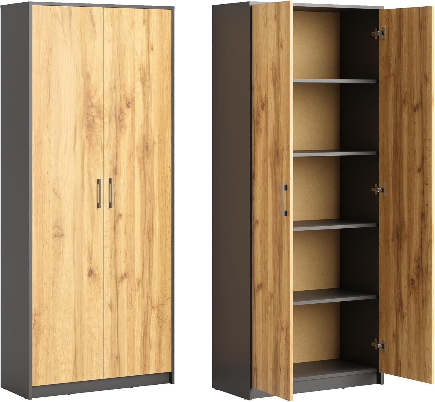 Armoire polyvalente 2 portes 5 compartiments 74x35x180 cm bois d'ingénierie graphite et chêne finition mate style moderne-Bamboogohaus