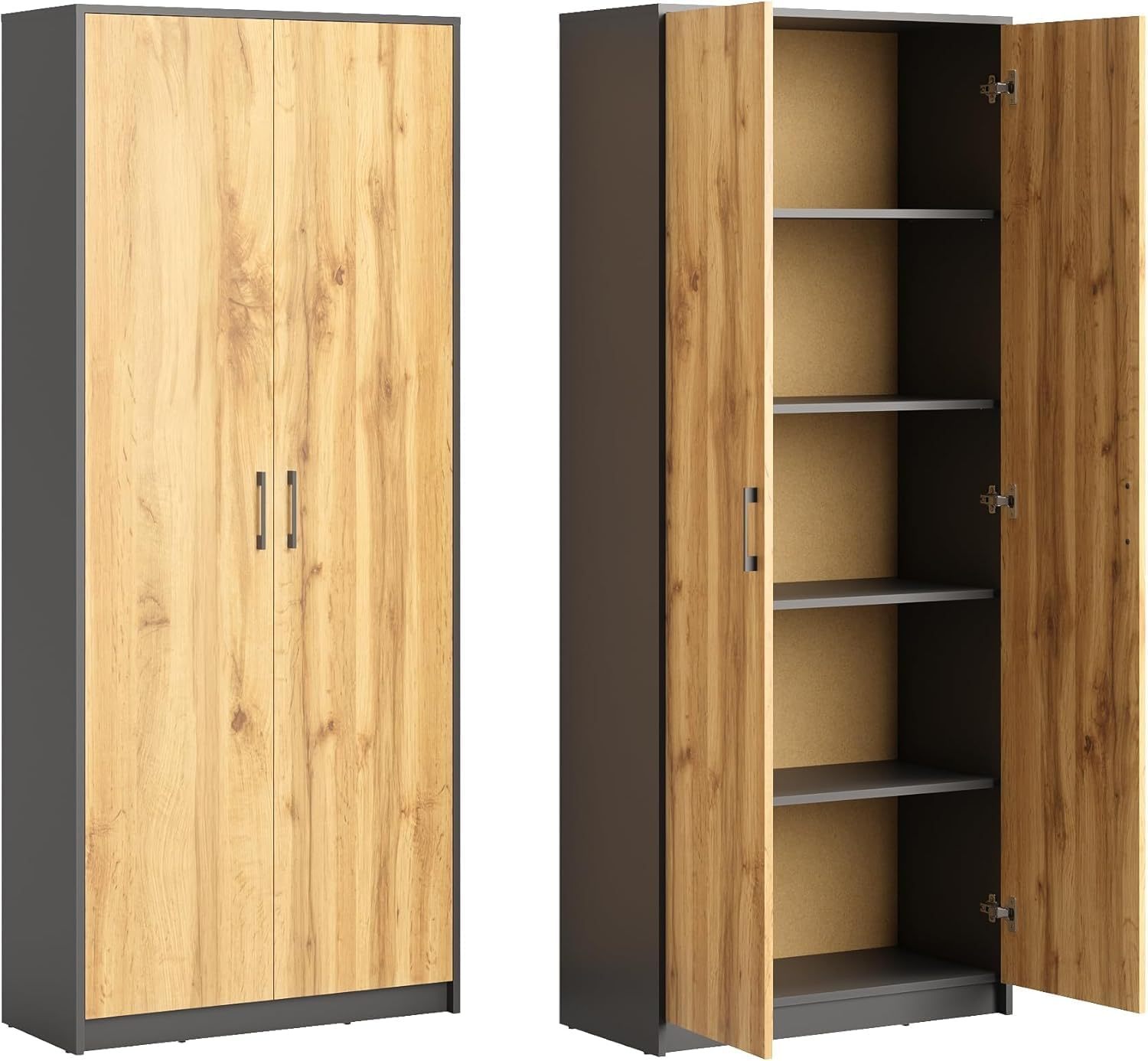 Armoire polyvalente 2 portes 5 compartiments 74x35x180 cm bois d'ingénierie graphite et chêne finition mate style moderne-Bamboogohaus