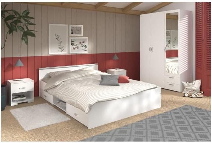 Chambre complète Zodiac avec lit 140x190 tiroir armoire 3 portes 2 tiroirs et 2 chevets décor blanc-Bamboogohaus