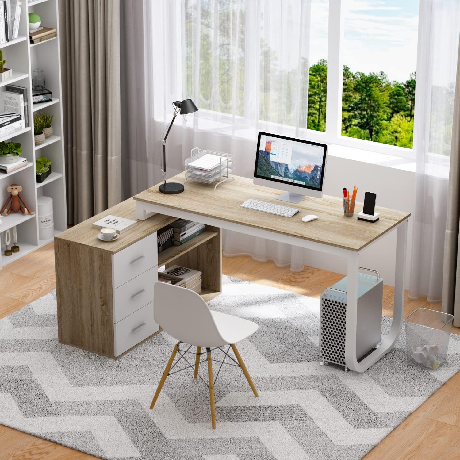 Bureau d'angle en forme de L 140x60x75 cm avec 3 tiroirs bois d'ingénierie et fer bois et blanc réversible style moderne-Bamboogohaus