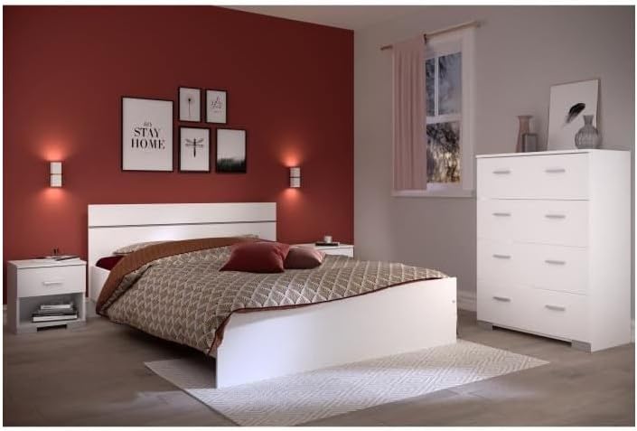 Chambre complète BOSTON avec lit adulte 140x190 commode et chevet décor blanc style contemporain fabriqué en France-Bamboogohaus