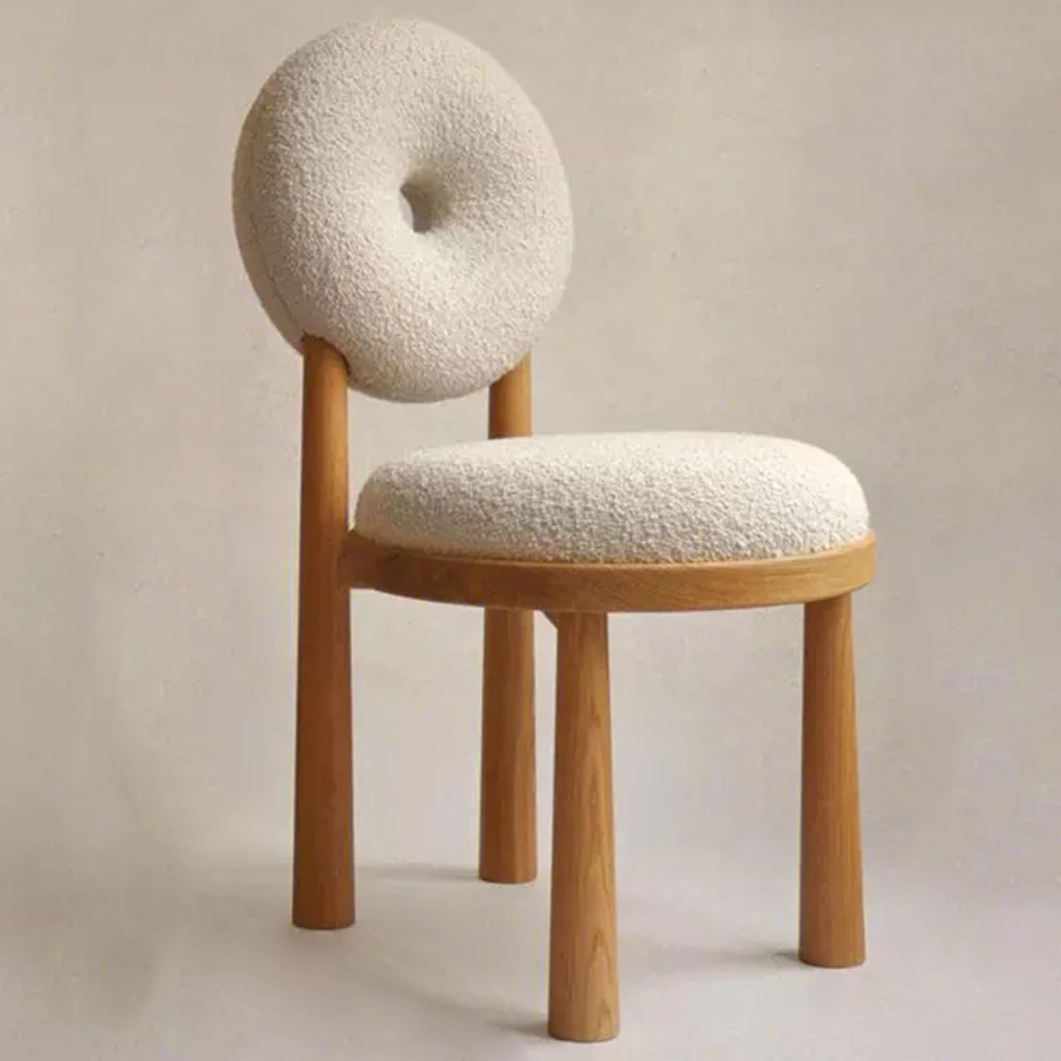 Chaise coiffeuse imitation laine blanche en forme de beignet - Fauteuil maquillage adulte avec pieds en bois massif finition cherry - Charge max 440 lb - Modèle LXRHLIKG-Bamboogohaus