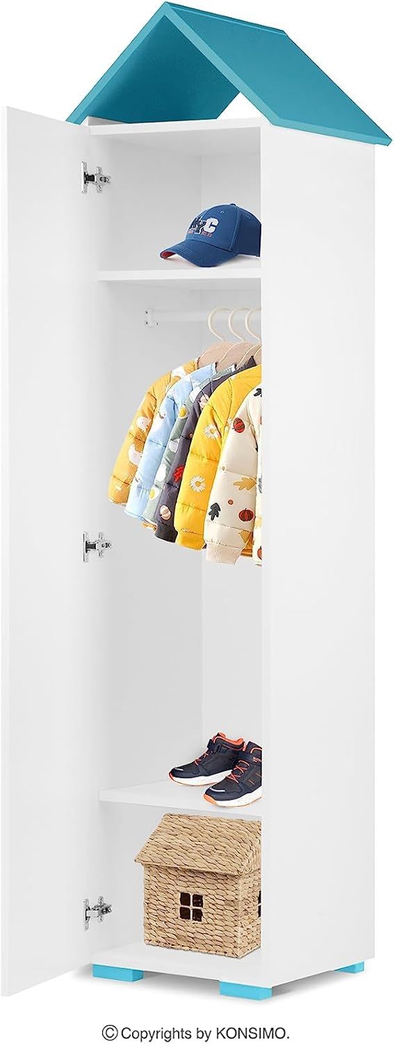 KONSIMO PABIS Armoire Enfant Bleu 190,5 x 47,5 x 46 cm Meuble Maison Bibliothèque avec Porte Battante-Bamboogohaus